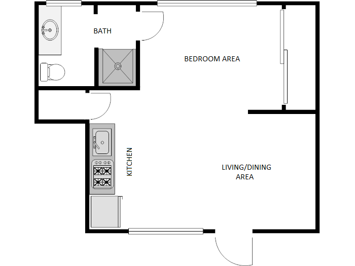 Floor plan for studio, 1 bath, 375 sqft